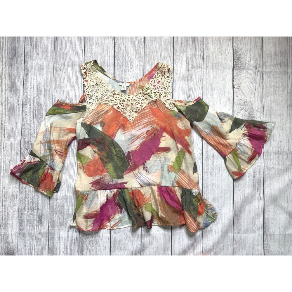 Spense Womens Abstract Brushstroke Cold Shoulder Crochet Lace Peplum Top Medium